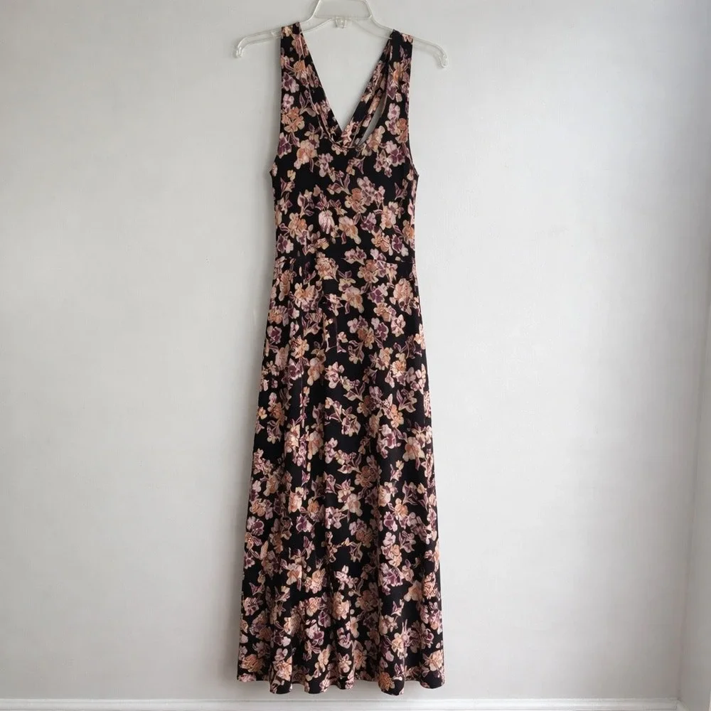 Pact Maxi Dress Organic Cotton Fit Flare Womens XL Black Floral Granola - Picture 2 of 13